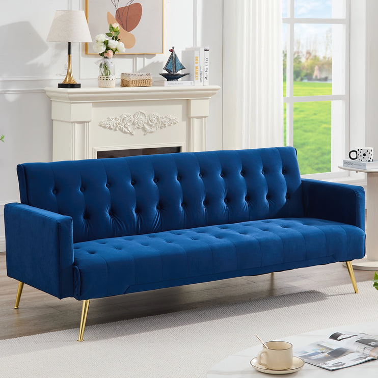 Blue Velvet Convertible Sofa Bed with Gold Metal Legs Button Detail