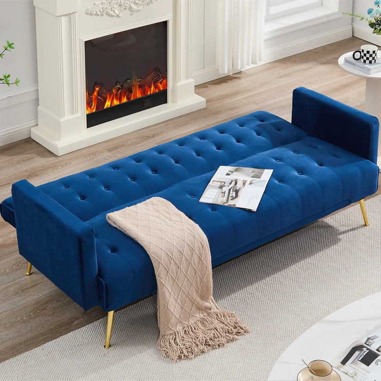 Blue Velvet Convertible Sofa Bed with Gold Metal Legs Button Detail
