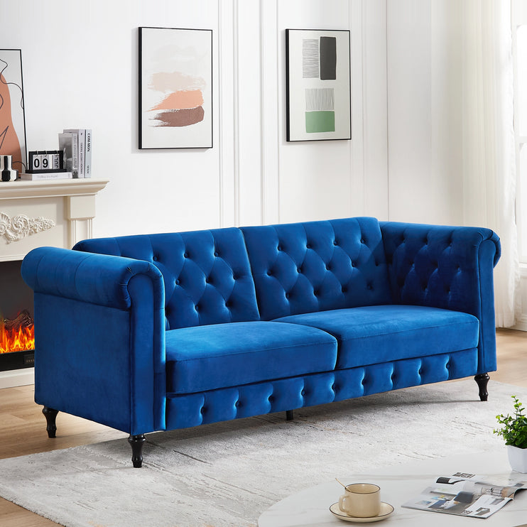 Tuscany Blue Velvet Sofa Bed 3 Seater Button Detail