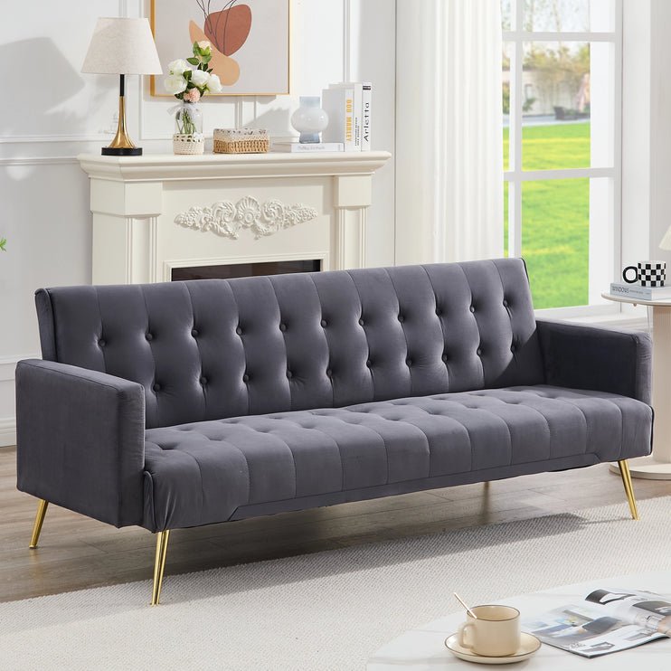 Grey Velvet Convertible Sofa Bed with Gold Metal Legs Button Detail