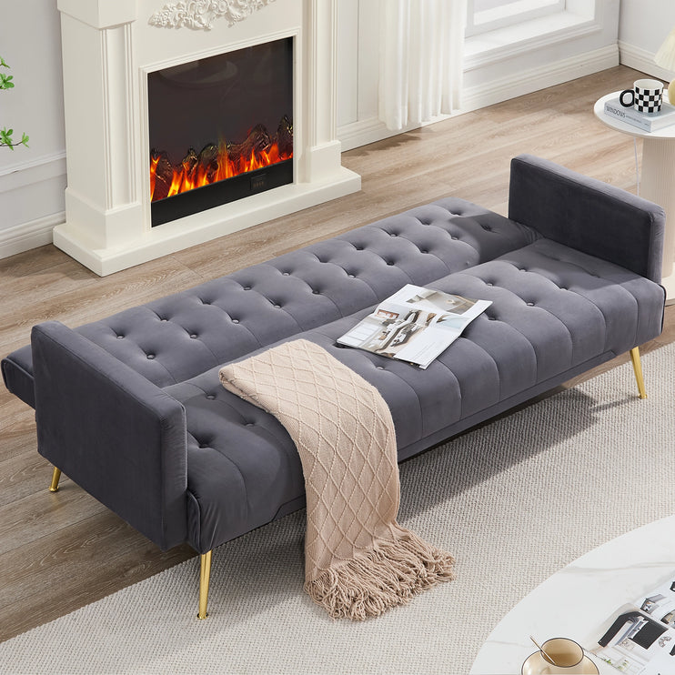 Grey Velvet Convertible Sofa Bed with Gold Metal Legs Button Detail