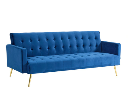 Blue Velvet Convertible Sofa Bed with Gold Metal Legs Button Detail