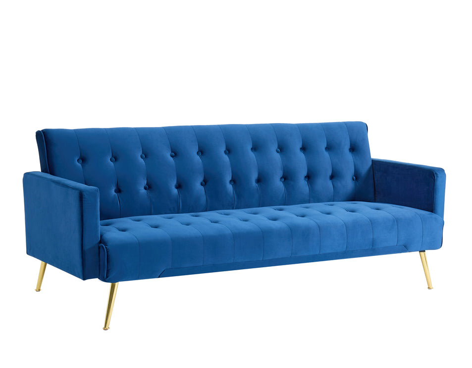 Blue Velvet Convertible Sofa Bed with Gold Metal Legs Button Detail