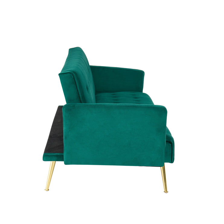 Green Velvet Convertible Sofa Bed with Gold Metal Legs Button Detail