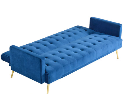 Blue Velvet Convertible Sofa Bed with Gold Metal Legs Button Detail