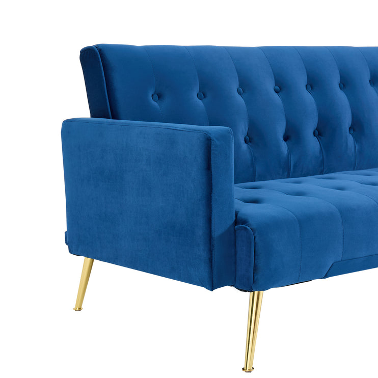 Blue Velvet Convertible Sofa Bed with Gold Metal Legs Button Detail