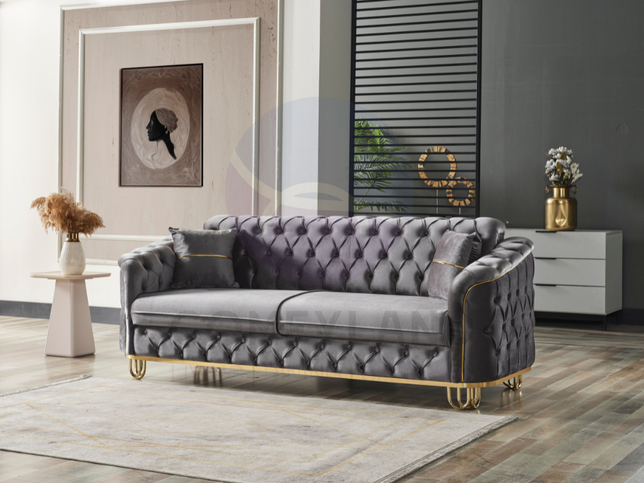 ALMERA Sofa Bed in Grey Velvet with Gold Detailing