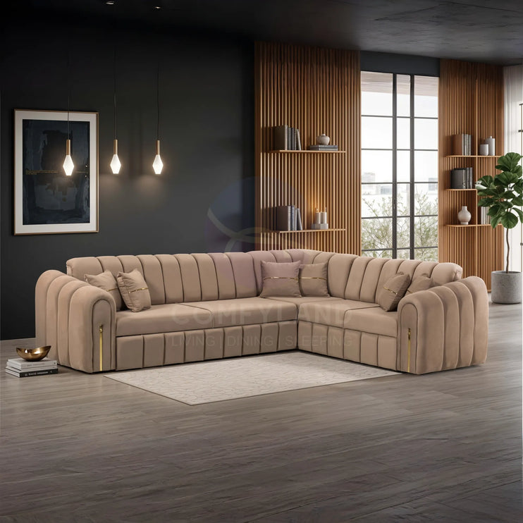 Vera Beige Velvet 7 Seater L Shaped Corner Sofa