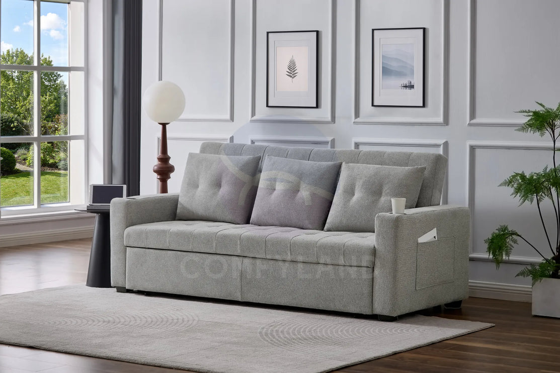 Beige Textured Chenille Pull-Out Sofa Bed