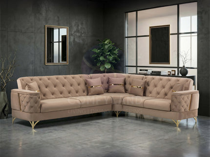 Bali Beige Velvet Chesterfield Corner Sofa 7 Seater with Deep Button Tufting