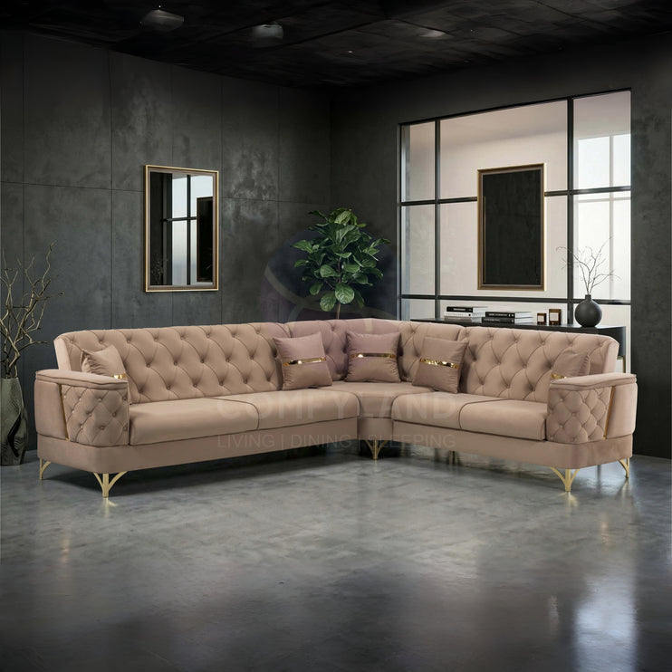 Bali Beige Velvet Chesterfield Corner Sofa 7 Seater with Deep Button Tufting
