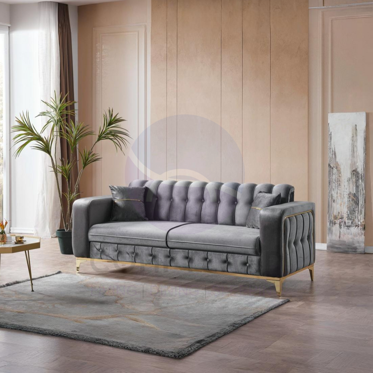 BERLIN Sofa Bed in Grey Velvet with Gold Detailing