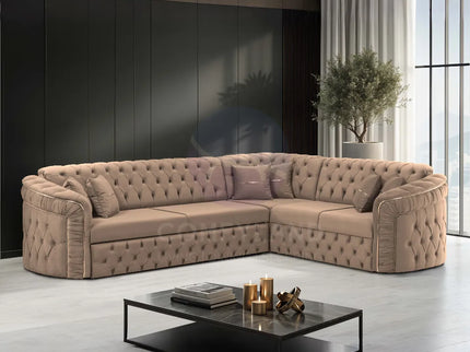 Almera Beige Velvet Chesterfield 7 Seater L Shape Corner Sofa with Deep Button Tufting