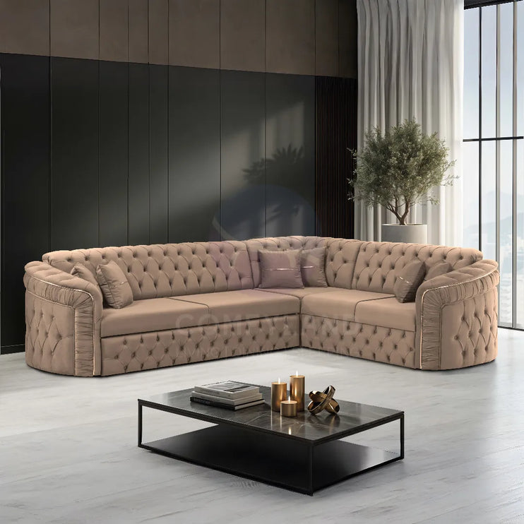 Almera Beige Velvet Chesterfield 7 Seater L Shape Corner Sofa with Deep Button Tufting