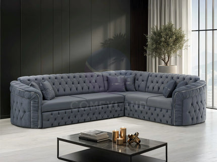 Almera Grey Velvet Chesterfield 7 Seater L Shape Corner Sofa with Deep Button Tufting