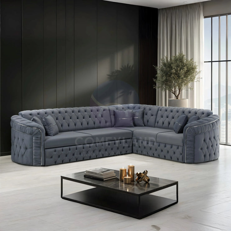 Almera Grey Velvet Chesterfield 7 Seater L Shape Corner Sofa with Deep Button Tufting
