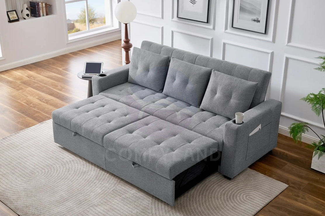 Grey Textured Chenille Pull-Out Sofa Bed