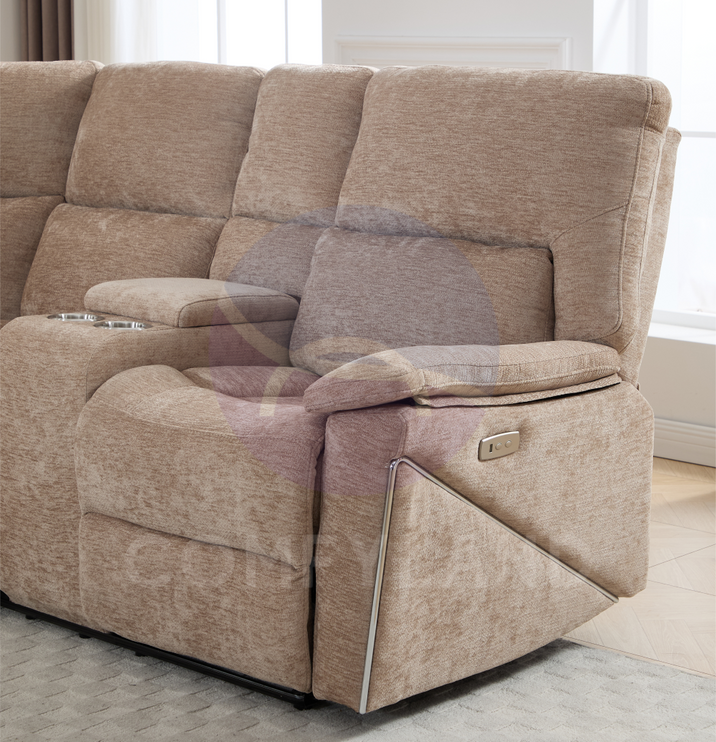 Premiere Beige Fabric Sectional Recliner Sofa with Dual Cup Holders