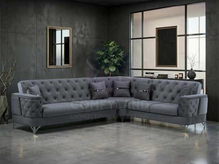 Bali Grey Velvet Chesterfield Corner Sofa 7 Seater with Deep Button Tufting