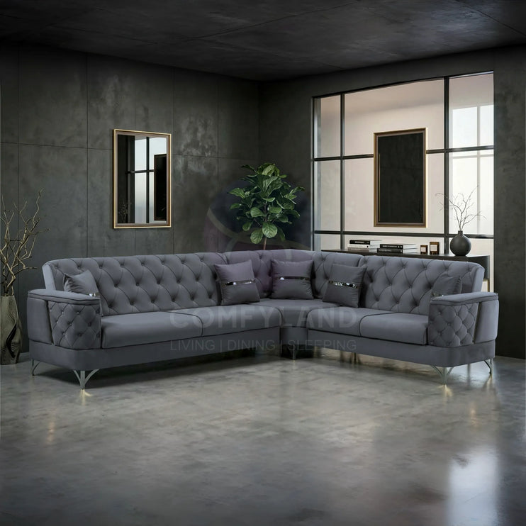 Bali Grey Velvet Chesterfield Corner Sofa 7 Seater with Deep Button Tufting