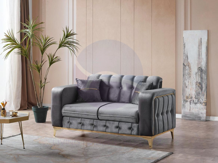 BERLIN Sofa Bed in Grey Velvet with Gold Detailing