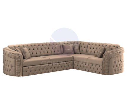 Almera Beige Velvet Chesterfield 7 Seater L Shape Corner Sofa with Deep Button Tufting