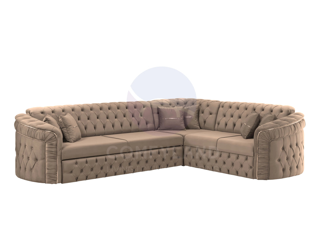 Almera Beige Velvet Chesterfield 7 Seater L Shape Corner Sofa with Deep Button Tufting