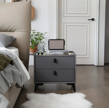 Two Drawer Grey Nightstand with Speaker, Lighting, USB and Charging