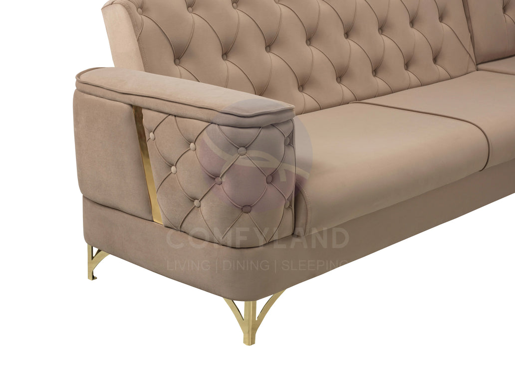 Bali Beige Velvet Chesterfield Corner Sofa 7 Seater with Deep Button Tufting