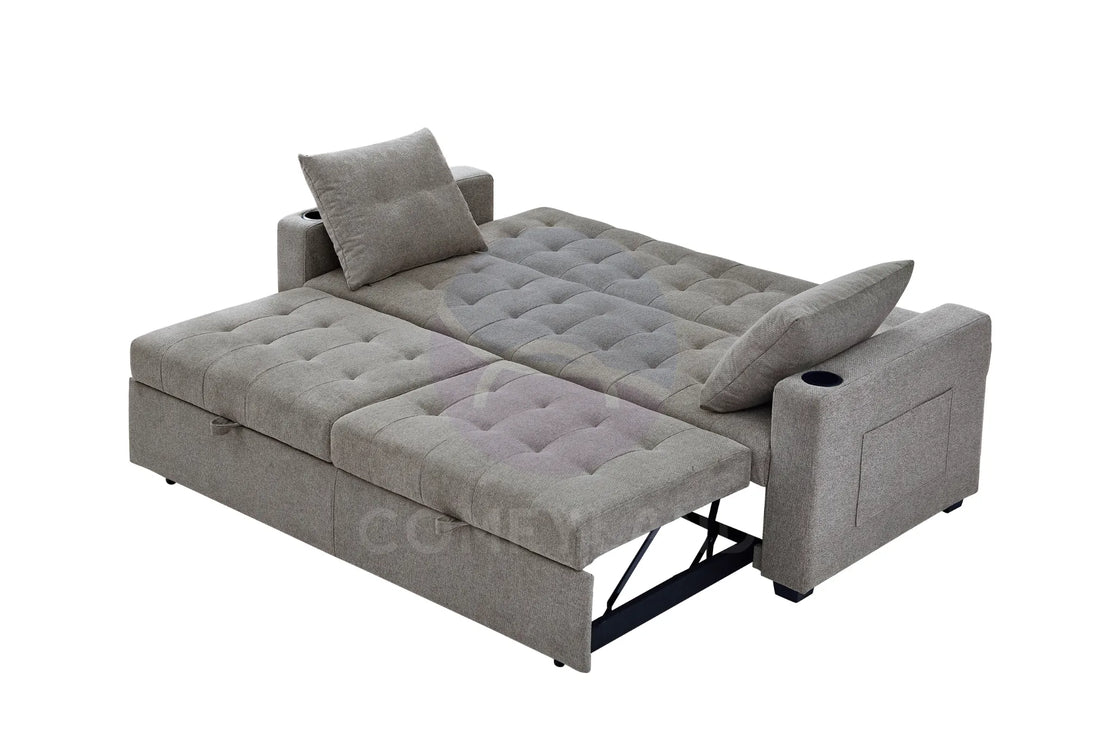 Beige Textured Chenille Pull-Out Sofa Bed