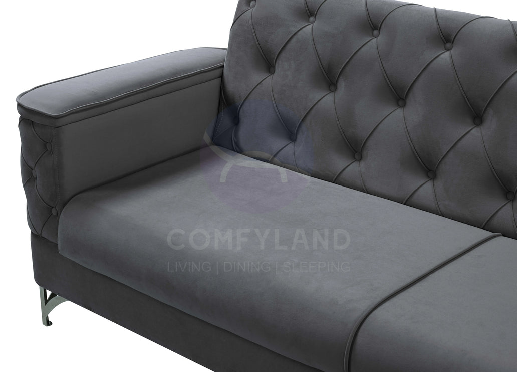 Bali Grey Velvet Chesterfield Corner Sofa 7 Seater with Deep Button Tufting