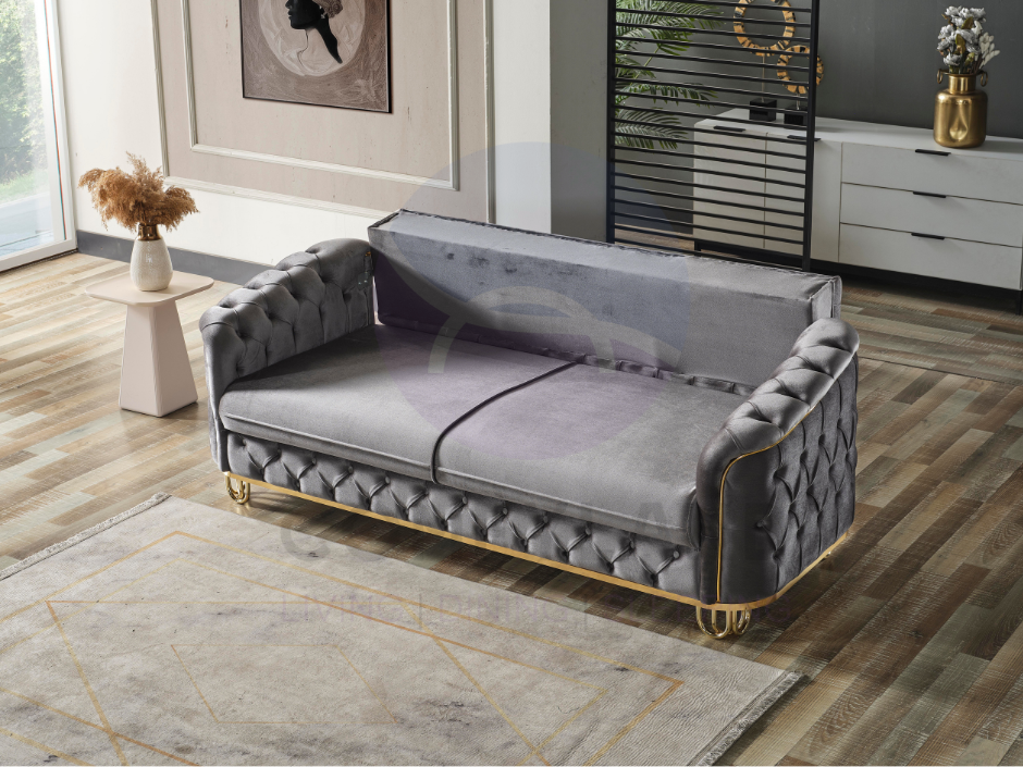 ALMERA Sofa Bed in Grey Velvet with Gold Detailing