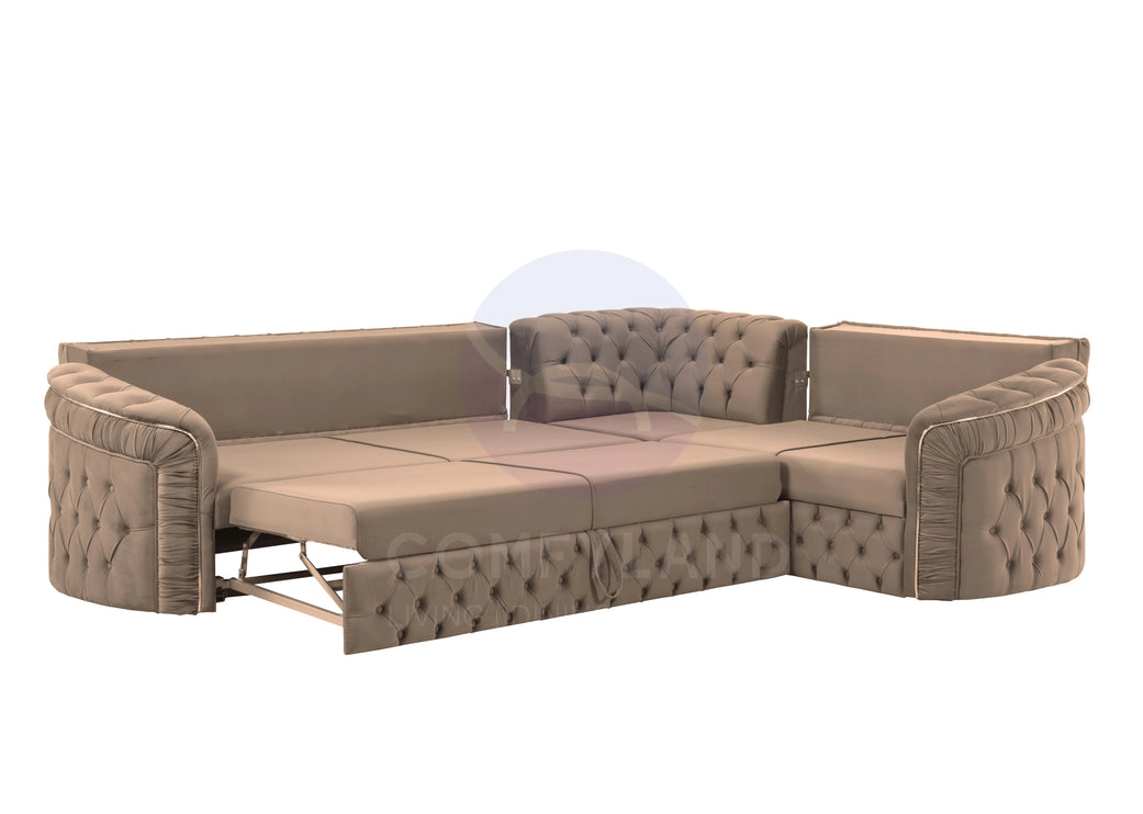 Almera Beige Velvet Chesterfield 7 Seater L Shape Corner Sofa with Deep Button Tufting