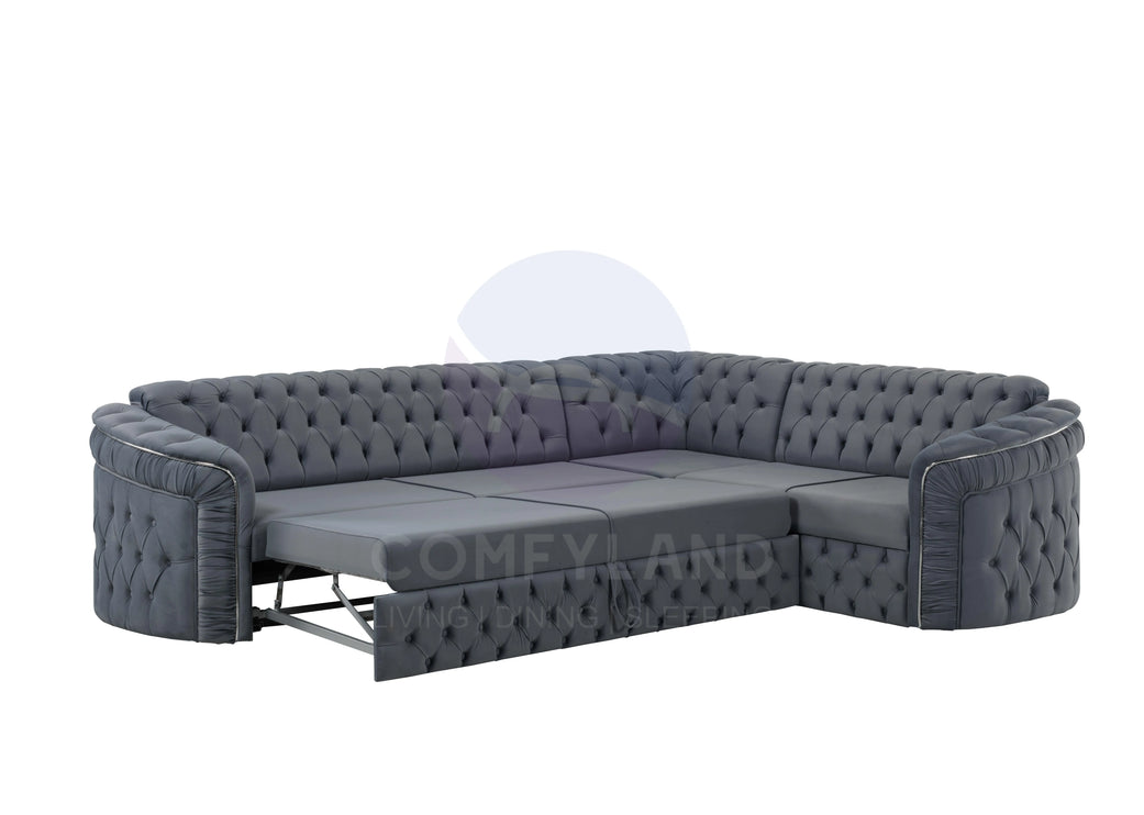 Almera Grey Velvet Chesterfield 7 Seater L Shape Corner Sofa with Deep Button Tufting