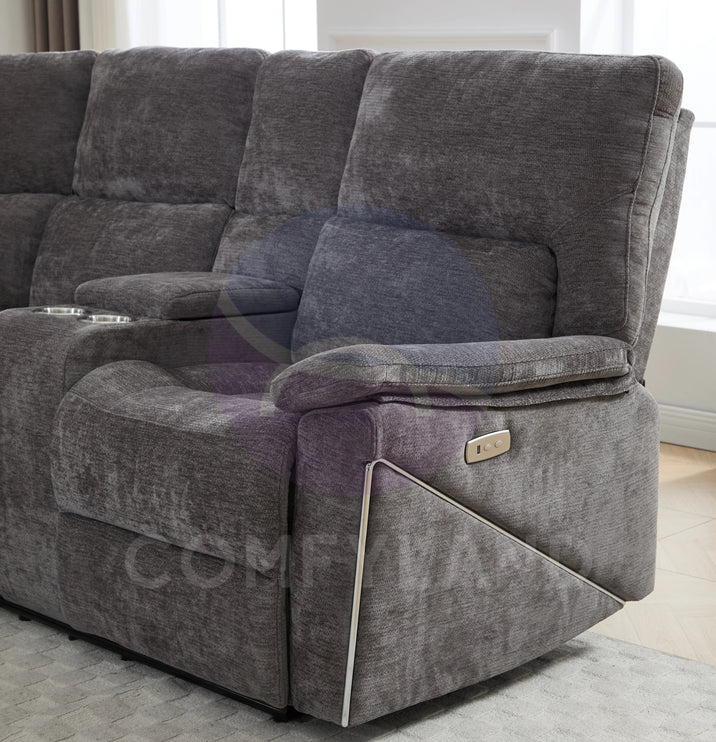 Premiere Grey Fabric Sectional Recliner Sofa with Dual Cup Holders