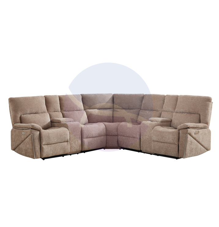 Premiere Beige Fabric Sectional Recliner Sofa with Dual Cup Holders
