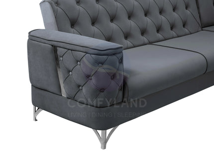 Bali Grey Velvet Chesterfield Corner Sofa 7 Seater with Deep Button Tufting