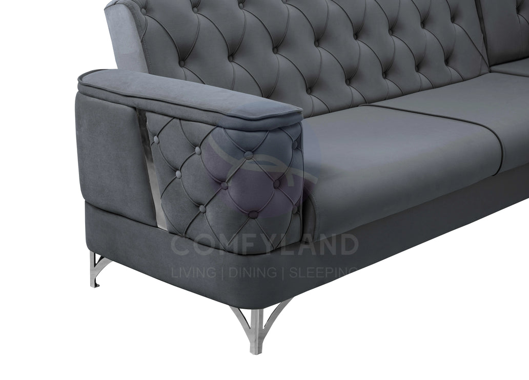 Bali Grey Velvet Chesterfield Corner Sofa 7 Seater with Deep Button Tufting
