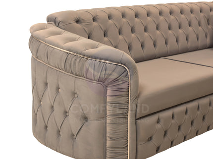 Almera Beige Velvet Chesterfield 7 Seater L Shape Corner Sofa with Deep Button Tufting