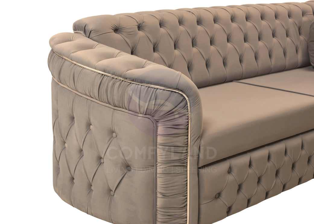 Almera Beige Velvet Chesterfield 7 Seater L Shape Corner Sofa with Deep Button Tufting
