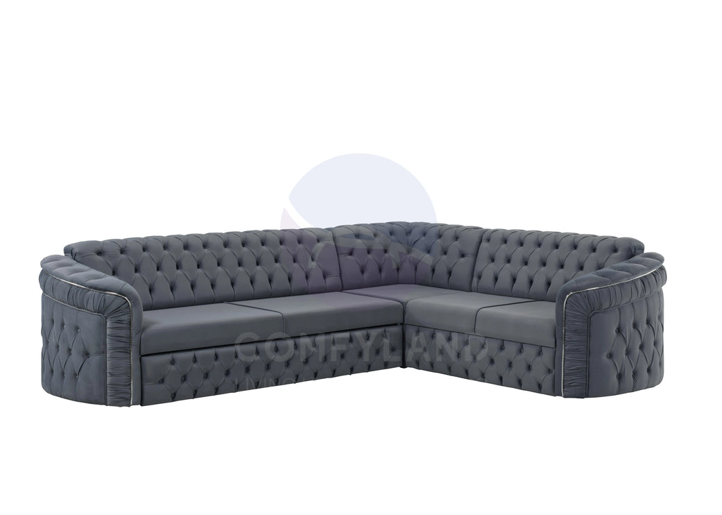 Almera Grey Velvet Chesterfield 7 Seater L Shape Corner Sofa with Deep Button Tufting
