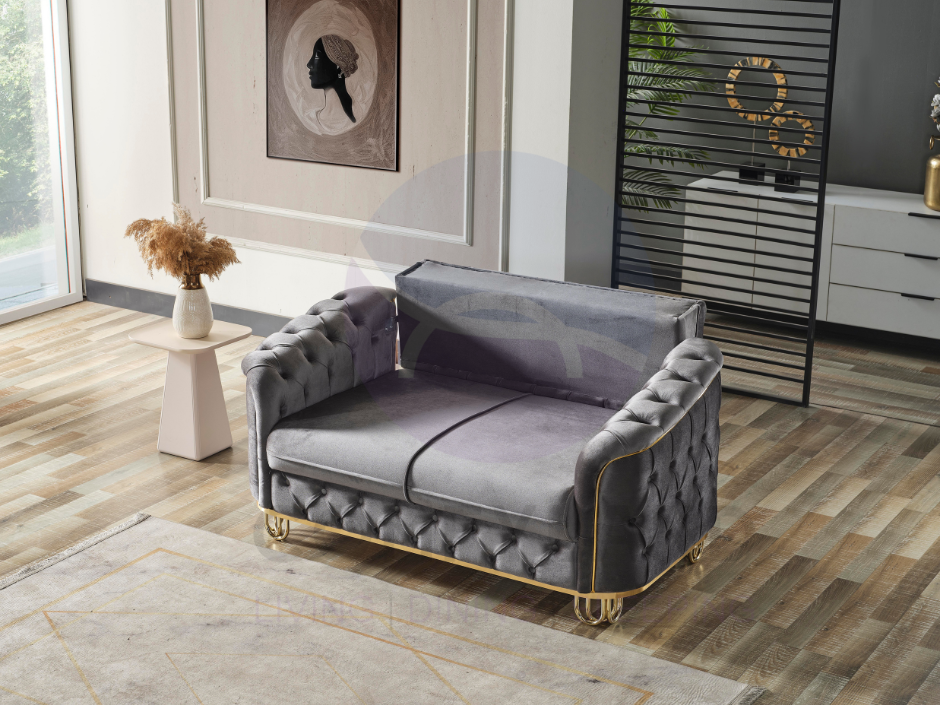 ALMERA Sofa Bed in Grey Velvet with Gold Detailing