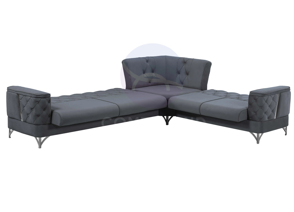 Bali Grey Velvet Chesterfield Corner Sofa 7 Seater with Deep Button Tufting