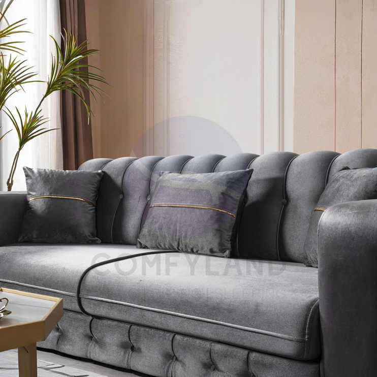 BERLIN Sofa Bed in Grey Velvet with Gold Detailing