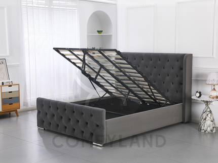 Chesterfield Grey Velvet Storage Bed