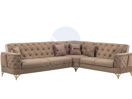 Bali Beige Velvet Chesterfield Corner Sofa 7 Seater with Deep Button Tufting
