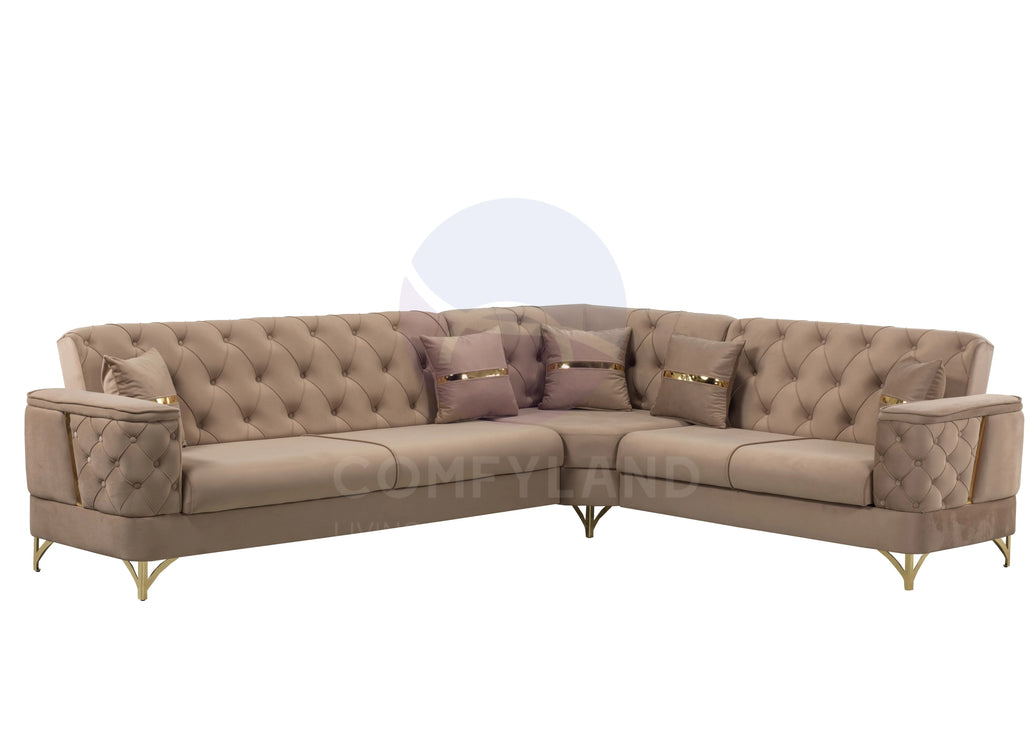 Bali Beige Velvet Chesterfield Corner Sofa 7 Seater with Deep Button Tufting