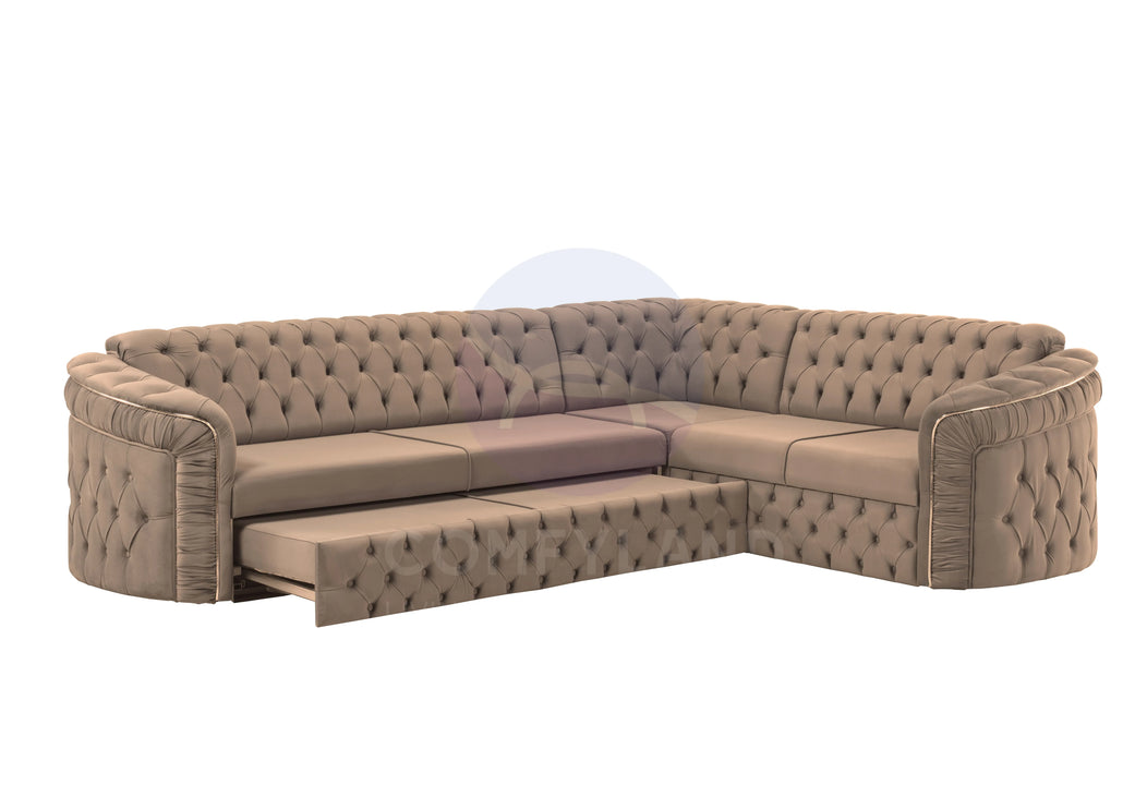 Almera Beige Velvet Chesterfield 7 Seater L Shape Corner Sofa with Deep Button Tufting