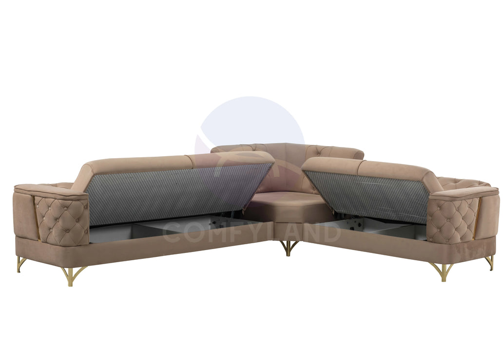 Bali Beige Velvet Chesterfield Corner Sofa 7 Seater with Deep Button Tufting