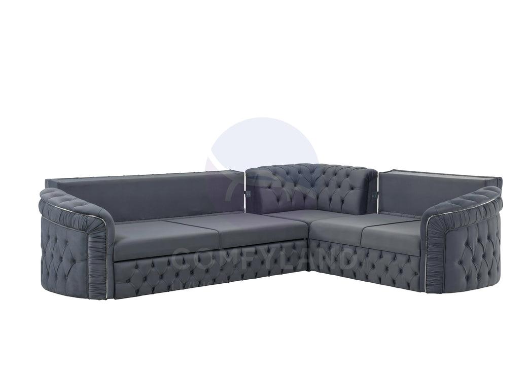 Almera Grey Velvet Chesterfield 7 Seater L Shape Corner Sofa with Deep Button Tufting